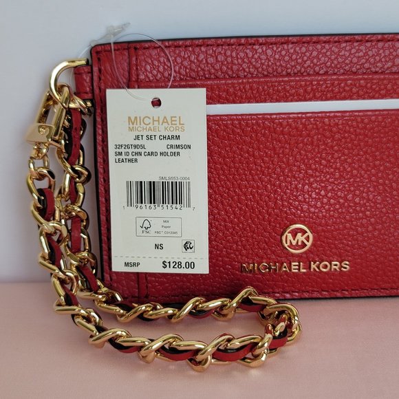 MICHAEL KORS Jet Set Small ID Pebbled Leather Chain Card Holder Case-Crimson⭐ - Picture 16 of 16